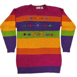 Vintage Tunic Sweater Arlando L Multicolor Rainbow Beaded Striped Shoulder Pad